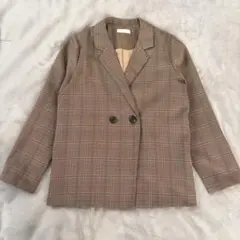 これ一枚でおしゃれ✨ブラウンチェック柄　ジャケットダブルボタンレディース長袖 F