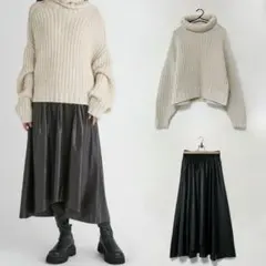 美品　1.7万　ミラオーウェン　畦編ニットタックレイヤード調スカートセットアップ