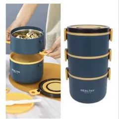 【新品未使用】3段 弁当箱 大容量 ステンレス 保温 保冷 ランチボックス 紺色