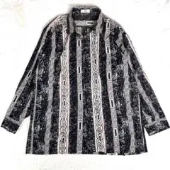 総柄シャツ 長袖 モノトーン ストライプ レトロ 幾何学 ゆるダボ 古着　綿