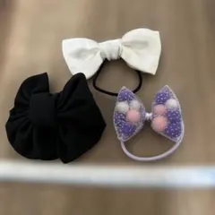 リボンヘアゴム 3個セット 黒・白・パープル