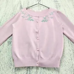 a1122　ミッシュマッシュ　7分袖ニットカーディガン　M　くすみピンク　刺繡のサムネイル