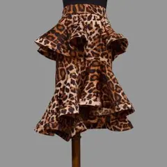 【新品】2段フリルマーメイドラインラテンスカート 社交ダンス レオパード柄 M