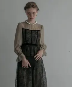 BONLECILL noirベロアパイピング キャンディスリーブ フラワードレス