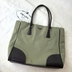 PRADA トートバッグ キャンバス レザー カーキ ブラック 保存袋付 A4可のサムネイル