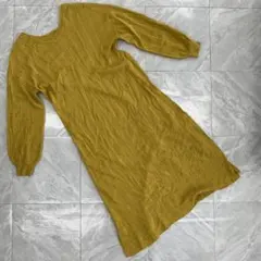 ニットワンピース マスタード リブ編み ロング丈 長袖 サイドスリット Fサイズ