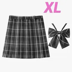 XL ブラック/グレー チェック プリーツスカートとリボンのセット