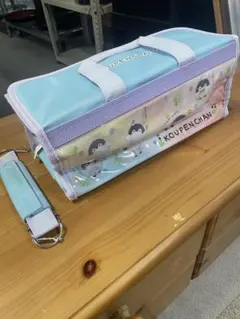 【美品】コウペンちゃん 書道バッグ 習字セット 筆付き 水色 ショルダーベルト付