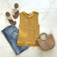 日本製 フリンジ編み ノースリーブニット 黄 タンクトップ