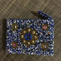 ビーズ装飾 青いポーチ　コインケース　小銭