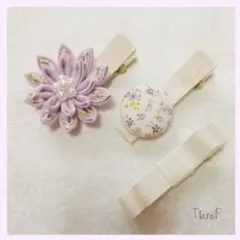 つまみ細工の髪飾り (ベビークリップ・薄紫×花柄)