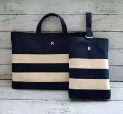 イニシャル入り帆布のレッスンバッグ　上靴入れ　ボーダー　ネイビー
