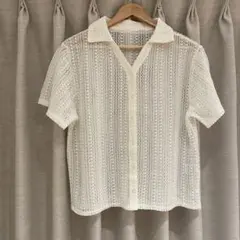 春夏 透かし編み 半袖ブラウス 白　レースシャツ　レイヤード　カジュアル　F