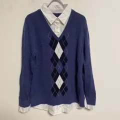 TOMMY HILFIGER アーガイル柄 長袖ニット フェイクアンサンブル M