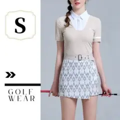 未使用♪ゴルフウェア上下セット S ポロシャツ ミニスカート 重ね着風 ベルト付