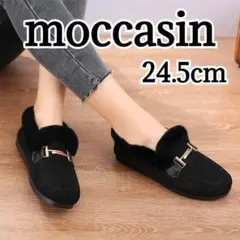 【SALE】モカシン黒ゴールド金具スエード調秋冬新品ファーシューズファー付き靴