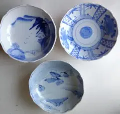 なます皿 染付 山水画 輪花皿 3枚 1222