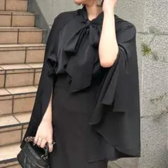 【KON'sセレクト】【リバイバル】ボウタイブラウス ケープ風 ブラック