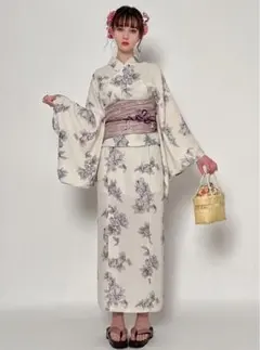 白色・紫色花柄 浴衣・帯セット