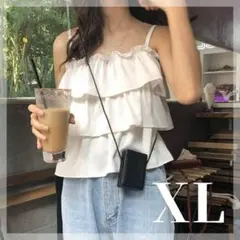 レディース　キャミソール　フリル　ティアード　白　おしゃれ　可愛い　重ね着　韓国