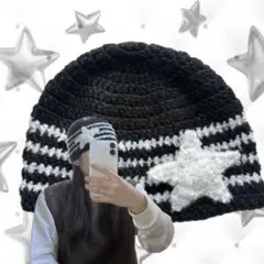ビーニー　クラッシャーハット　ハンドメイド　かぎ針編み　編み物　星　ブラック