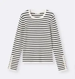 リブニットボーダーボタンスリーブプルオーバー