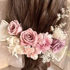 髪飾りウェディング成人式ヘッドドレス♡ピンクローズ薔薇バラ♡ドライフラワーリボン