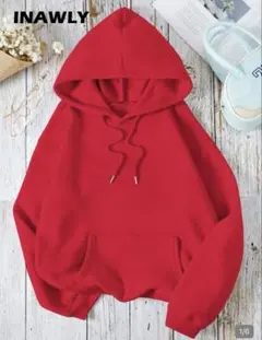 SHEIN 無地 レッド プルオーバー パーカー