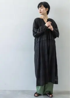 スタジオクリップ　レース切り替えロングワンピース黒