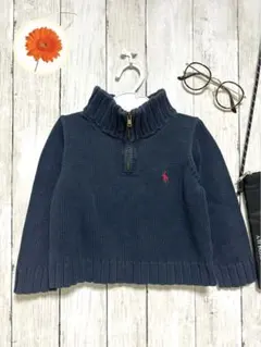 95（2T）【ラルフローレン】キッズ　ハーフジップニットセーター　ネイビー　ロゴ