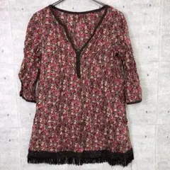 MICHEL KLEIN 古着 フリンジ付き花柄 五分袖 チュニックブラウスのサムネイル
