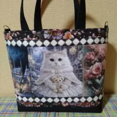 ゆ*ら様 かわいい王女様ネコちゃん両面６パネルハンドメイドミニトートバッグ(手持