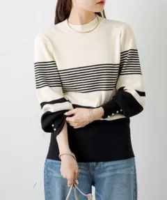 PUAL CE CIN 袖パールリブニット プルオーバー ボーダー セーター春秋