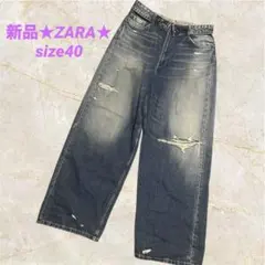 【新品】ZARA TRF折り返しウエストミッドライズデニムパンツ ブルー40のサムネイル