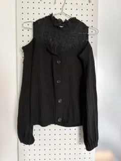 春ニット レース 肩出し オフショルダーリブ編みセーター M 黒