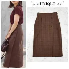UNIQLO サイドボタンチェックラップスカート ひざ丈 タイトスカート S