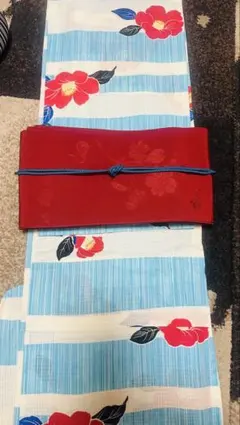 週末値下げ！明日まで！水色ストライプ 赤い椿 浴衣