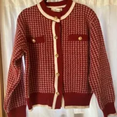 赤と白のチェック柄ニットカーディガン