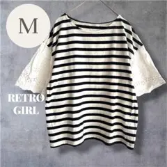 レトロガール RETROGIRL 袖スカラップTee ボーダー 袖レース M 白