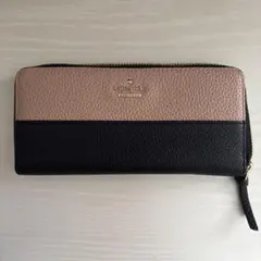 ケイトスペード 長財布 バイカラー ピンクベージュ 黒 ラウンドファスナー 美品