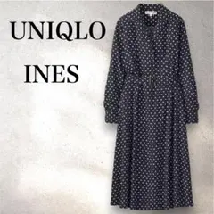 ユニクロ×イネス ロングフレアワンピース ドット柄 長袖 Aライン 水玉 紺