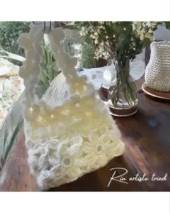 花モチーフ　ショルダーバッグ　バック　ハンドメイド　編み物　イエロー　韓国