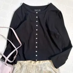 フロントパール調ボタン 長袖カーディガン L ブラック 上品 シンプル