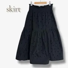 【最終値下】 ドット柄 ティアード スカート ブラック ウエストゴム ふんわり