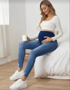 マタニティデニムパンツ ストレッチ 裾ダメージ Mサイズ USED