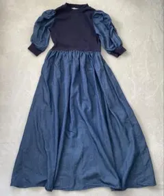 ナチュラルクチュール ロングワンピース ニット デニム リブ袖 FREE