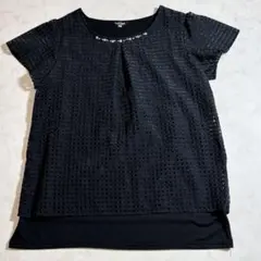 BLACK LABEL ビジュー半袖カットソー 黒 M～L 格子レース裏地付きのサムネイル