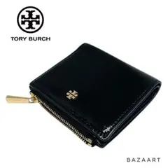TORY BURCH トリーバーチ コンパクト 二つ折り財布 エナメル黒ブラック