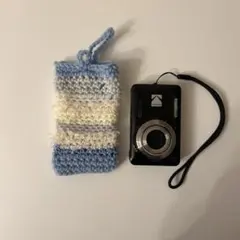 ハンドメイド　編み物　デジカメケース　青
