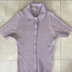 ユニクロ　イネス リブボーダーポロカーディガン 紫 M パープル